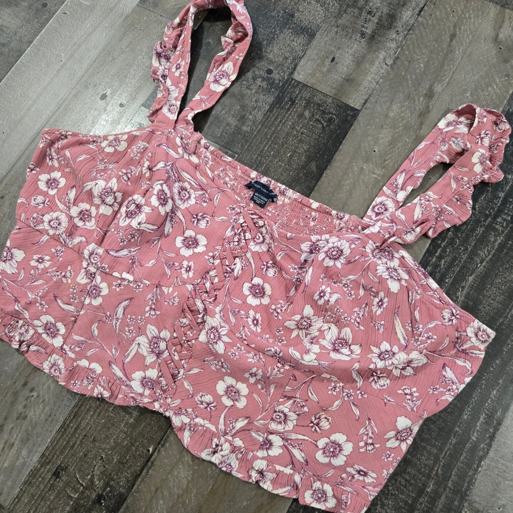 American Eagle Floral Lace Up Smocked Back Crop Top XXL Pink Boho Ruffle Straps